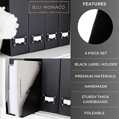 Blu Monaco Foldable Black Magazine File Holder with Leather Label Holder - Set of 6 Cardboard Magazine File Boxes Desk File Organizer - Image 6