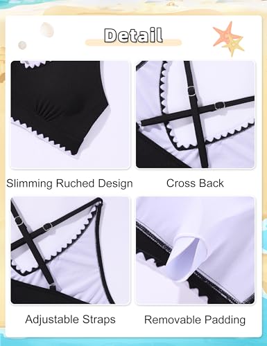 Image of Girls Swimsuit Contrast Trim Cross Back Swimwear Girls Bathing Suit with Padding 7-16Y