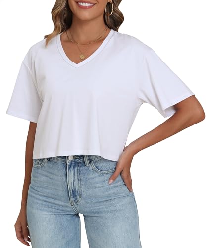 PRIMODA Women's Oversized Crop Tops Boxy V Neck Short Sleeve Cropped T Shirts Loose Summer Workout Crop Tee Tops