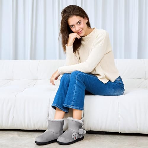 Womens Cozy Indoor Bootie Slippers with Cute Cat or Dog Embroidery, Warm Plush Non-Slip Winter House Boots with Pom Pom Bow Decoration2