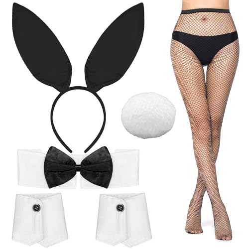 AHLPO Bunny Costume Set Bunny Ear Headband Collar Bow Tie Halloween Costume Cuffs Rabbit Tail Mesh Stockings for Women Easter Cosplay Party