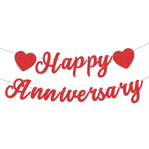 Happy Anniversary Banner - Pre-Strung Wedding Anniversary Garland Decorations for Room Party No DIY Required Hanging Party Decoration for Romantic Couple Celebration (Red)