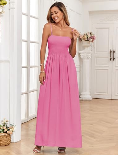 Image of Women Detachable Strap Beach Dress Strapless Smocked Pockets Maxi Dress | Removable Straps Flowy Swing A Line Maxi Beach Dress Boho Vacation Casual Smocked Strapless Beach Wedding Guest Sundress