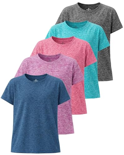 Real Essentials 5 Pack: Girls Short Sleeve Dry-Fit Athletic T-Shirt - Active Gym Crew Neck Tops for Teens Kids - Set 2 M (8-10)