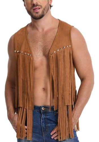Ausing Weste mit Fransen Herren Fransenweste Kostüm Cowboy Quasten Outfit Hippie Indianer Jacke Western Ärmellos Weste Wildleder Kurz Kleidung Disco Party Karneval Rave Gilet Indianerin Retro Braun L