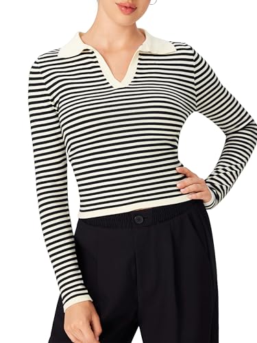CIDER Striped Sweater for Women V Neck Long Sleeve Slim Fitted Ribbed Knit Casual Pullover Polo 2025 Fall Sweater2