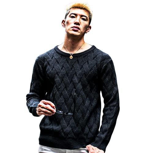 [サムディフ] 変わり編みニット 秋 セーター メンズ 長袖 ニット クルーネック モックネック レギュラーフィット メンズセーター メンズニット 秋冬物 M ブラック(クルー)