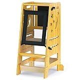 TOETOL Kids Kitchen Step Stool with Keeper Bamboo Toddler Child Standing Tower Helper Adjustable Height with Black and White Activity Board