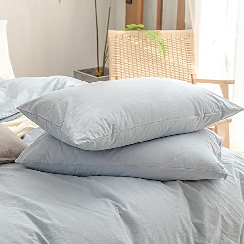 Image of BESTOUCH Cotton Solid Duvet Cover Set Cornflower Blue Oversized Queen | 100% Washed Cotton, Soft Wrinkle Texture, Hidden Zipper, 8 Ties, Breathable Lightweight Durable Comfy, 3 Pcs No Insert