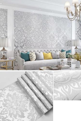 WPE® Classic Silver Grey Shimmer Damask Wallpaper – Vintage Embossed Textured Design – Paste The Wall – 6030-2 – 9.5m x 0.53m – Elegant Living Room & Feature Wall Décor