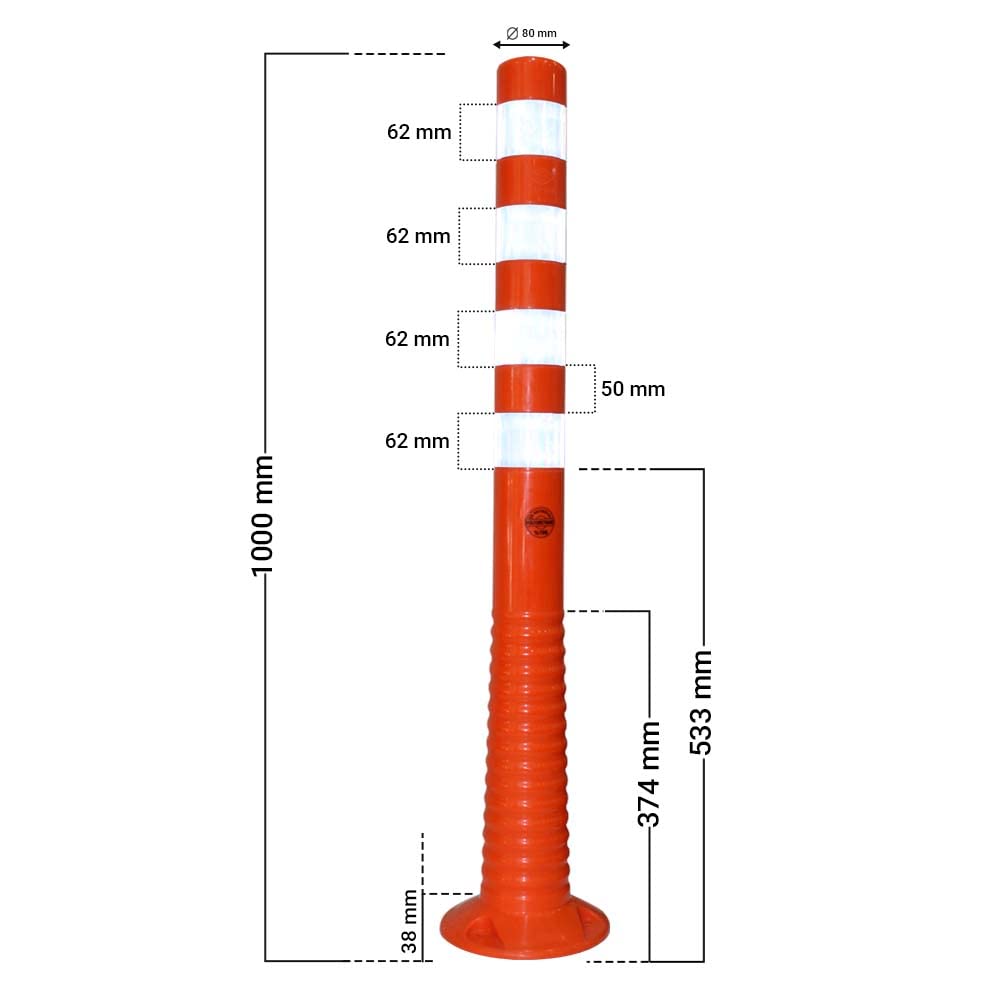 Poteau de signalisation pour la sécurité routière 100 x 8 cm | Guide flexible réfléchissant orange résistant aux chocs avec vis et ancrage à ressort incassable