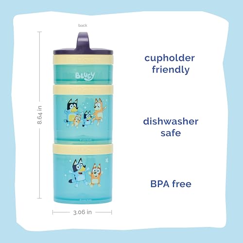Image of Whiskware Bluey Stackable Snack Containers for Babies, Toddlers, and Kids, 3 Stackable Snack Cups for School and Travel, Cupholder Friendly, Bluey, Bingo, Bandit Heeler, and Chilli, Dance Mode!