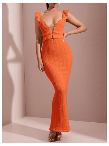 Image of SOLY HUX Women's Maxi Dress Crochet Ruffle Sleeveless Backless Bodycon Long Dresses