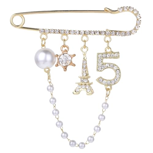 Image of Number 5 Lapel Brooches and Pins, Designer Brooches for Women Vintage Gold Pins and Brooch Imitating Pearl Rhinestone Brooch Pin Fashion Lapel Pin for Wedding Banquet Jewelry Gift
