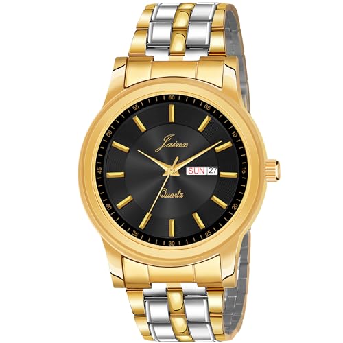 Image of jainx Premium Golden Chain Day and Date Feature Analog Wrist Watch for Men (Golden /White /Black Color Dial)
