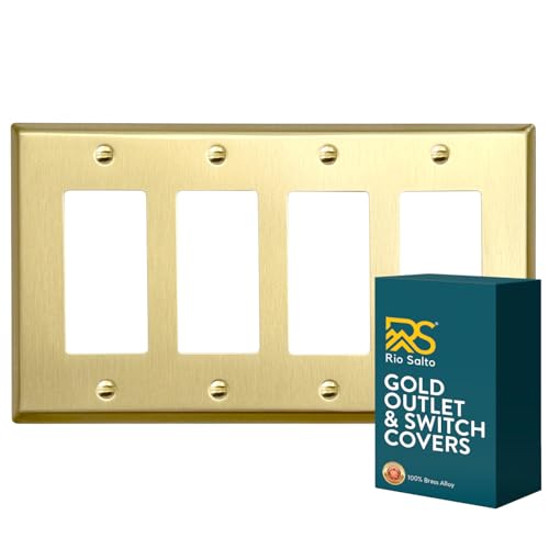 Rio Salto Gold 4 Light Switch Cover Plates Outlet Covers BRASS Brushed Brass Gold Metal Wall Plates Four Rocker Decorator Paddle GFCI — Signature Collection, Midsize, 8.56" X 4.94"