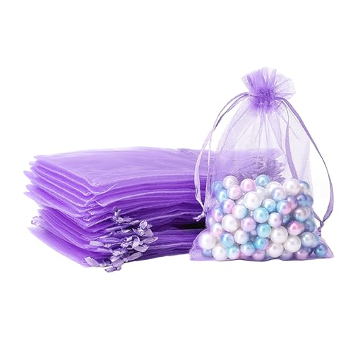 100 bolsas de regalo de organza de color morado claro, bolsas pequeñas de organza de 9 x 12 cm, bolsas de joyería de boda con cordón, bolsa de malla para caramelos, bolsas de dulces para cumpleaños,