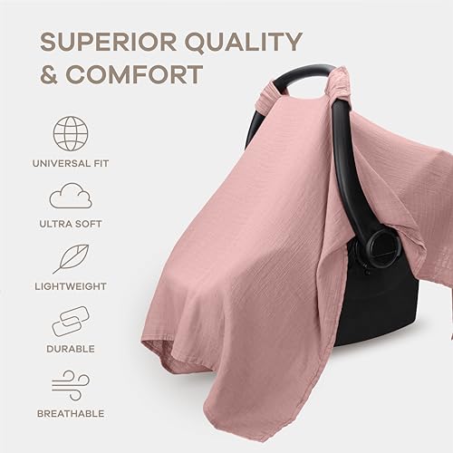 Image of Comfy Cubs Baby Car Seat Cover - Soft, Breathable Bamboo Rayon and Muslin Cotton Blend - Lightweight Canopy for Sun, Bug, and Comfort Protection - Large Size Infant Seat Cover in Mauve Design