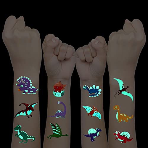 Clundoo Tattoo Kinder, 12 Blätter Leuchten Dinosaurier Temporäre Tattoos Aufkleber Set, Leuchtend Temporäre Kindertattoos Set für Mädchen Jungen Kindergeburtstag Mitgebsel Cover