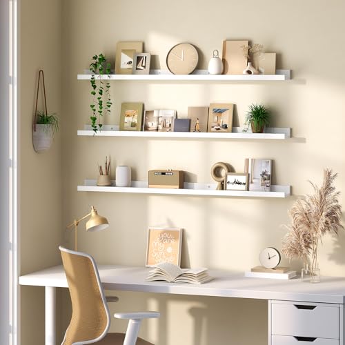 Image of HOOBRO Floating Shelves, Wall Shelf Set of 3, 47.2 Inches Hanging Shelf with Raised Edge and Invisible Brackets, for Bathroom, Bedroom, Kitchen, Office, Living Room Decor, White WT92BJ01
