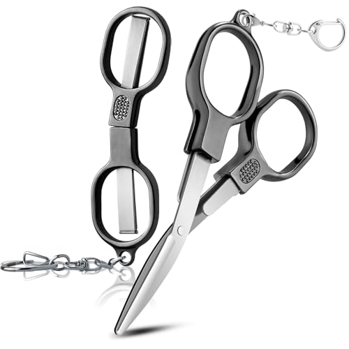 2 Pcs Folding Stainless Steel Portable Mini Travel Scissors Safety Foldable Pocket Badge Small Scissors All Purpose with 2 Keychain for Travel Office Craft Sewing Nurse Accessories (Gray Black)