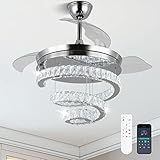 FRIXCHUR 42' Crystal Chandelier Ceiling Fans with Lights and Remote Dimmable Fandelier Retractable Crystal Ceiling Fans 3 Rings Invisible Blades Crystal Ceiling Fans for Bedroom Living Room 30W*2