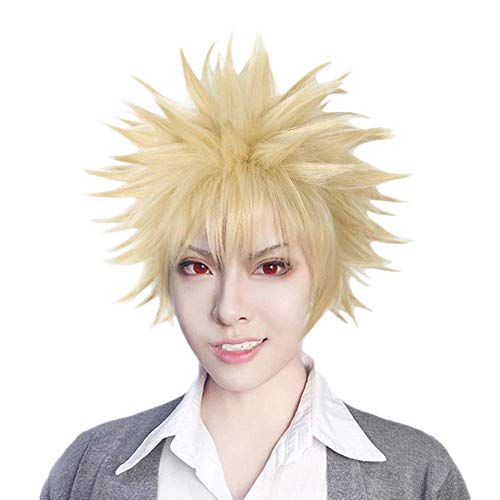 Anogol Hair Cap+Short Wavy Cosplay Wig Blonde Cosplay Wigs Synthetic Hair for Anime Makeup Costume Short Blonde Wig for Halloween Christmas Party