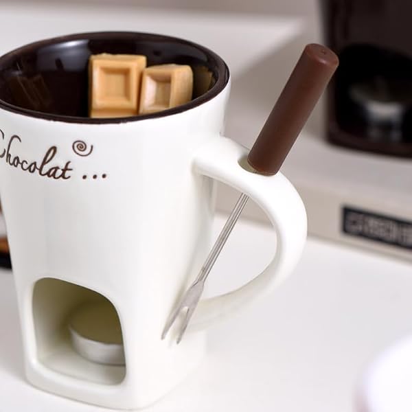 Ceramic Chocolate Hot Pot Cup Set, Fondue Cup, Portable and Easy to Use, Suitable for Candle Heating, Creative Dessert Tools, with Fork (White) - 5