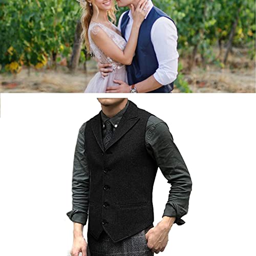 Mens Wool Suit Vest Slim Fit Lapel Tweed Groomsmen Waistcoat for Business Casual (Color : Black, Size : X-Small)4