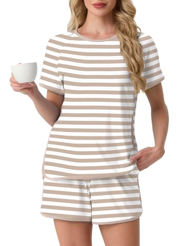 Image of PrinStory Women's Pyjama Sets Short Pyjamas Crew Neck Pajamas Short Sleeve Loungewear Tops And Bottom Co Ord Sets With Pockets (Khaki Stripe, L)