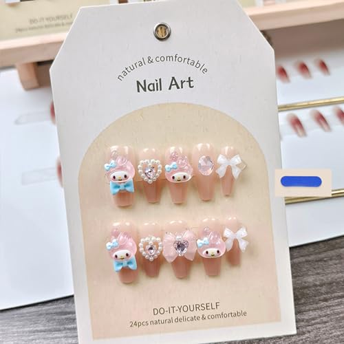 24Pcs Nude Press on Nails Medium Square Fake Nails Glossy Glue on Nails with 3D Kawaii Heart Bow Charms Design French Stick on Nails Cute False Nails Artificial Acrylic Nails for Women Girls Manicure - Image 4