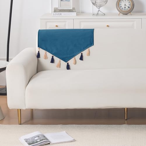 Image of HOKIPO Premium Holland Velvet Sofa Backrest Cover with Tassels - 'TasselTone Series', Sea Blue (IN-1103-BL)