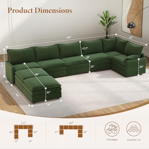Image of Vesgantti Large Modular Sectional Sofa, Big Comfy Cloud Couch with Ottoman Deep Seat Chenille Cloud Sofa, 8 Seater Large Sectional Couches for Living Room, Bedroom and Apartment, Green