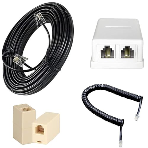 Image of 10M Telephone Cable Line Cord 1 Cable + 1 Coil Cord /Handset Wire +1-2 Way Dabbi+1 Rj11 Cable Extension For Landline,Phone,Modem(Pack Of 4 Item).,Black
