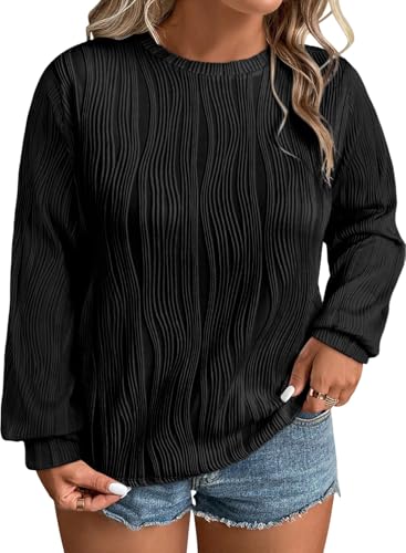 Eytino Plus Size Tops for Women Crewneck Textured Long Sleeve T Shirts Solid Casual Loose Basic Blouses(1X-5X)