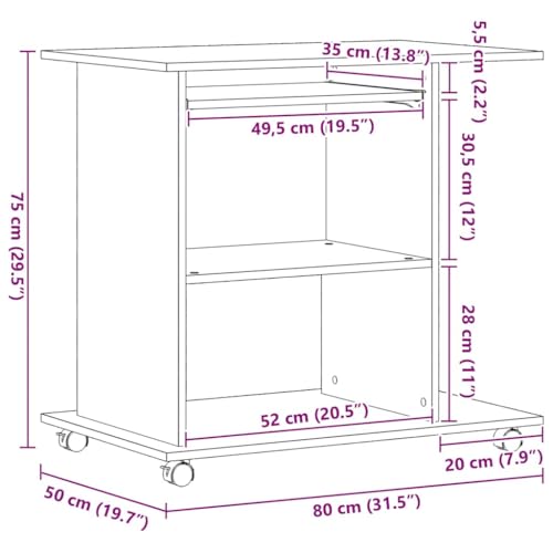 Bureau ordinateur 80 cm chêne noir mobile avec niches de stockage intégrées