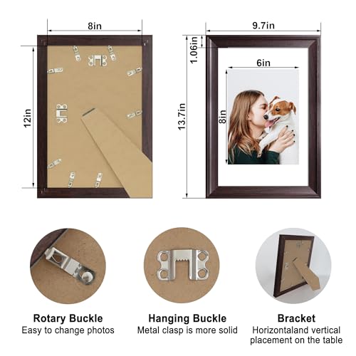 Image of iRahmen 8x12 Vintage Picture Frame with Mat 6x8 - High Definition Real Glass Wooden Photo Frames for Tabletop Display and Wall Mounting (Dark Brown, Set of 4)