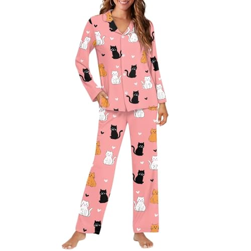 Pyjama femme manches longues imprimé chats en forme de cœur taille S - 2