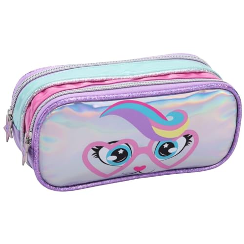 Estojo Escolar Infantil com 2 Compartimentos, Design Holográfico, Material Resistente, Zíper Reforçado, P/Lanche Marmita Sucos (Estojo Escolar Gatinha Estrela)