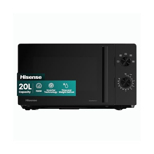Hisense 700 Watts 20 Litre Inverter Microwave Oven H20MOBP1HIUK Black, Automatic Defrost, 5 power levels, Easy Clean, H24.1 x W43.4 x D32.9 cm Freestanding