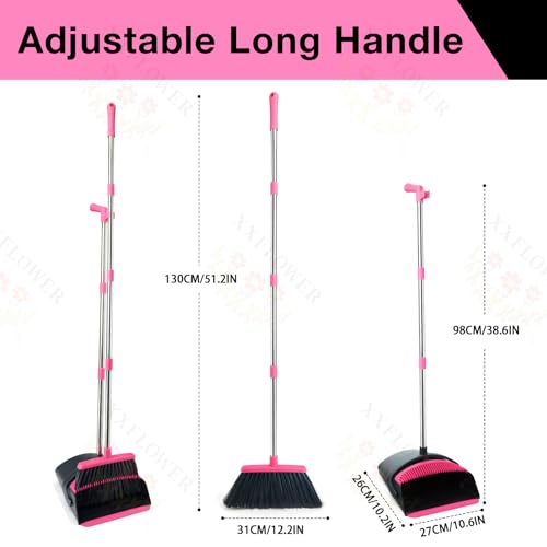 Image of Broom and Dustpan Set, Long Handle Lightweight Dustpans with Broom Combo for Home, Indoor&Outdoor Sweeping for Home Room Kitchen Office Lobby (Black Pink)
