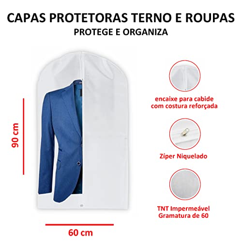 Kit 5 Capa Para Terno Protetor de Roupa Jaqueta Vestido Com Zíper TNT Impermeável Branco