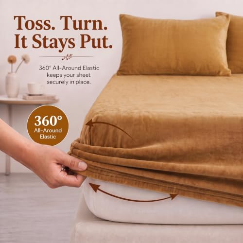 Image of VAS COLLECTIONS 280 GSM Warm Plush Fitted Bedsheet, Soft Cozy Stretchable Mattress Sheet with Elastic Fitted Corners, Comfortable Winter Bedding for Double Bed, 72 x 78 + 8 Inches - Warm Beige