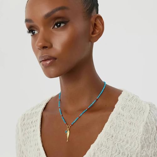 WOWORAMA Fish Necklace for Women Blue Beaded Choker Necklaces Trendy Lucky Fish Pendant Necklace Boho Ocean Sea Surfer Necklaces Summer Beach Jewelry3