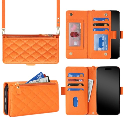 Jaorty for iPhone 12 Pro/12 Case Wallet with Long Strap,6.1",Orange
