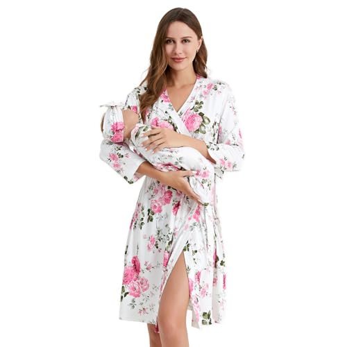 Image of Galabloomer Maternity Robe and Baby Receiving Blanket, Matching Mommy Labor Delivery Robe and Swaddle Set