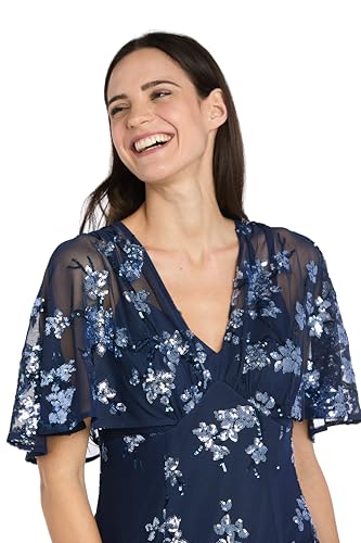 Image of R&M Richards Women's Long Beaded Floral Gown W /Sheer Capelet & Flutter Sleeves - Cocktail Party Evening Style