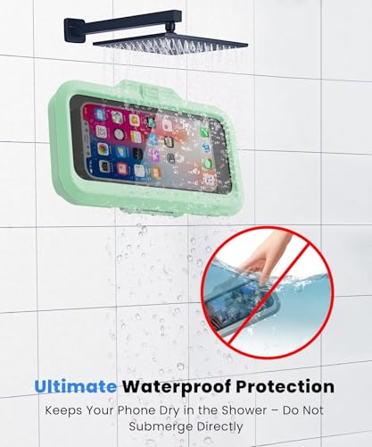 Image of URROY Shower Phone Holder Waterproof One-Touch Open Shower Phone Case Anti-Fog & Sensitive Touchscreen Bathroom Wall Phone Mount Stand Universal Fit for iPhone & Smartphones Gift for Men Women Green