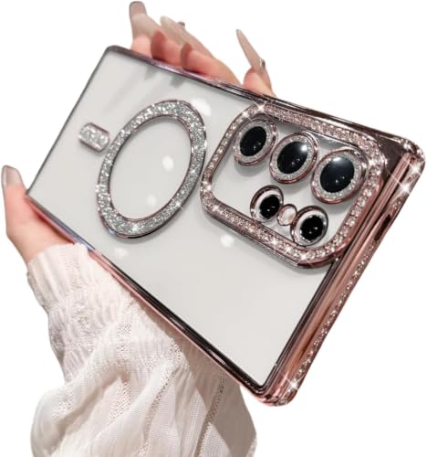 Image of for Samsung S26 Ultra 5G Glitter Case,Luxury Bling Rhinestone Diamond Plated Bumper Case,MagSafe, Sparkle Camera Lens Protection Clear Back Cover for Samsung S26 Ultra 5G (Pink)