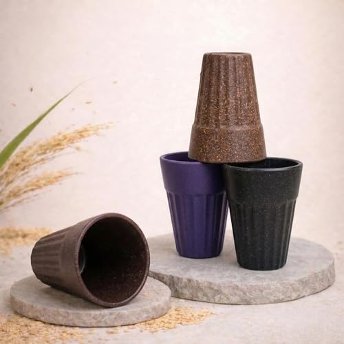 Image of Eco-Friendly Tea Cup Set of 4 | Kulhad Style Coffee & Tea Mugs | 140 ml Unbreakable, Stain-Free, Heat Resistant, Reusable, Microwave Safe | Rice Husk & Bamboo Fibre | Dark Multi-Color